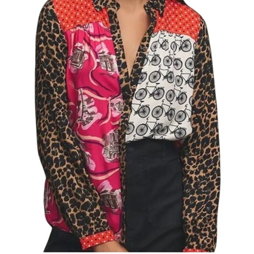 Anthropologie Maeve Mixed Print Paz Contrast Button Down Top Sz S Statement Chic